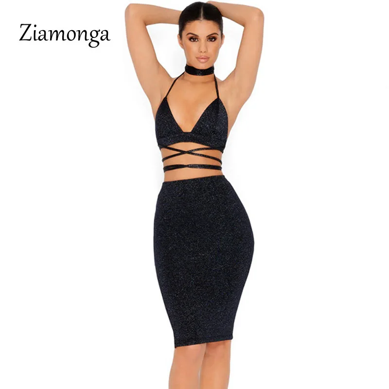 

Ziamonga Glitter Halter Tie Up Two Piece Set 2017 Summer Sparkle Squared Sequin 2 Piece Dress Sexy Celebrity Party Dresses