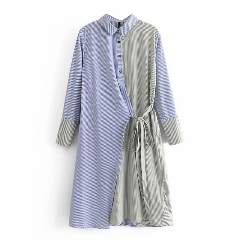 Women's Clothing Dress 2019 Cotton Striped Splicing Turndown Collar Dress Ms Summer Street Leisure Temperament Clothing