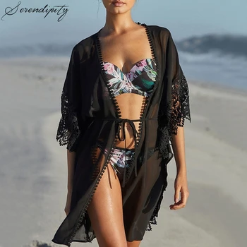

Chiffon Lace Beach Cover up Beach Kaftan Swim Bikini Pareo 2020 Bathing Suit Cover Ups Swimwear Cardigan Plus Size Polyester