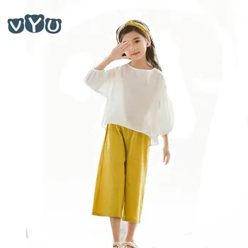 

VYU Summer Kids Teenager Girls Suits 2019 Cotton Pleated White Top+ Wide Pants Casual Two-piece Fashion Girls Sets 4~15Yrs