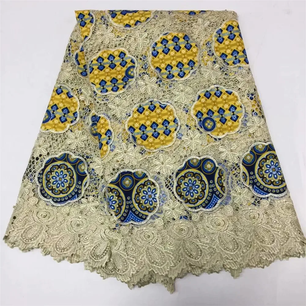 

Ankara fabric new design african wax with cord lace embroidered wax prints fabric for women dress 5ayrds per lot X163-1
