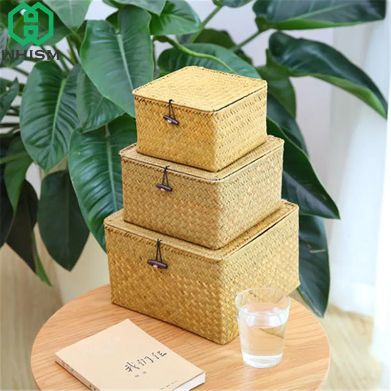 

WHISM Handmade Wicker Basket with Cover Makeup Cosmetic Holder Jewelry Storage Boxes Clothing Container Children Toys Organizer