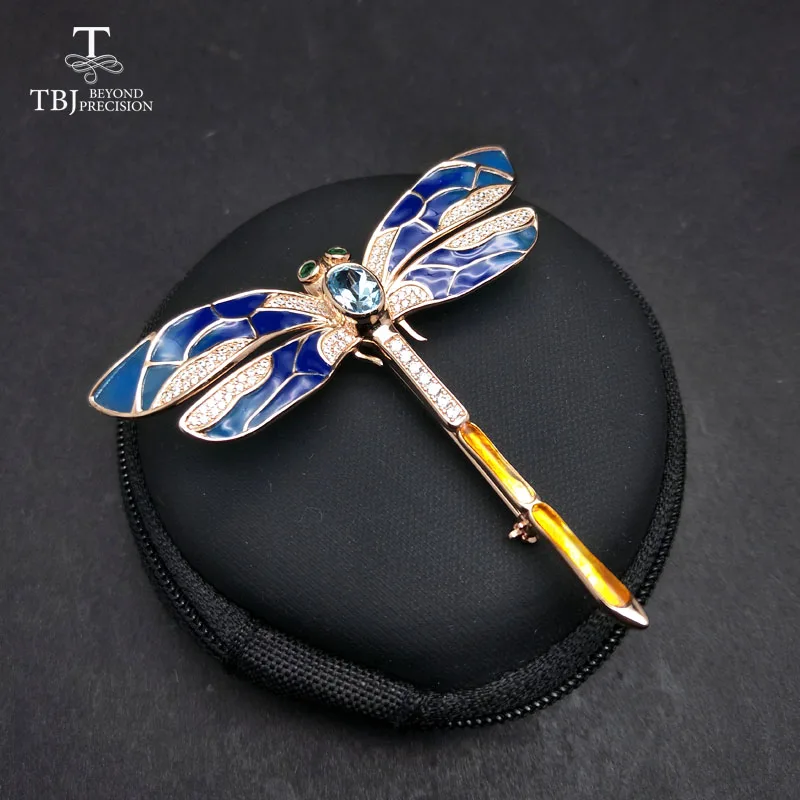 

TBJ,dragonfly design brooch with natural topaz in 925 sterling silver yellow gold color , best gift for women girls lady wife