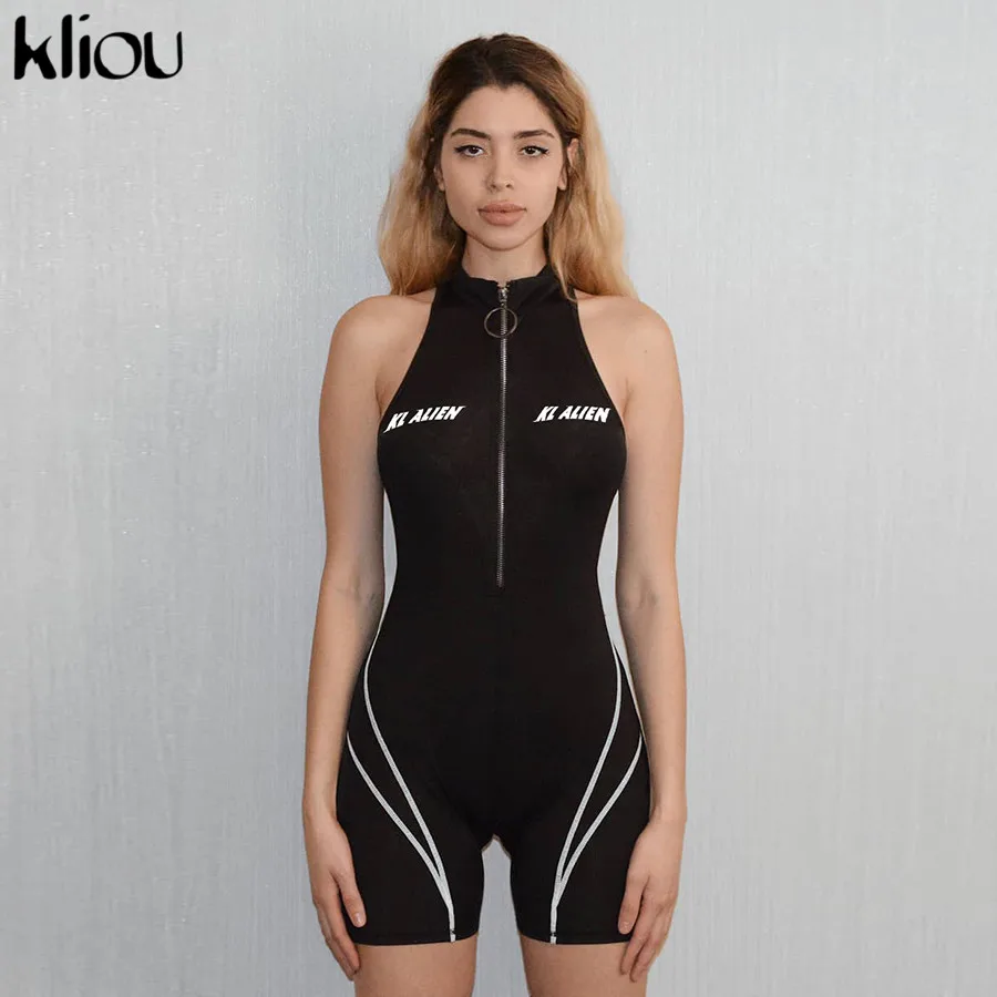 Kliou 2019 النساء اللياقة البدنية Playsuits أكمام الياقة المدورة سستة يطير إلكتروني طباعة خليط ارتداءها الرياضية نحيل تتسابق