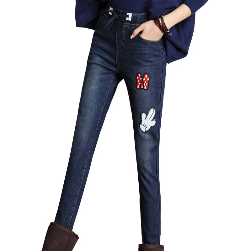 

Woman Denim Jeans Winter Women Harem Pants Jean Taille Haute Female Trousers Warm Velvet Elastic Mujer Jeans 2016 Fashion K170