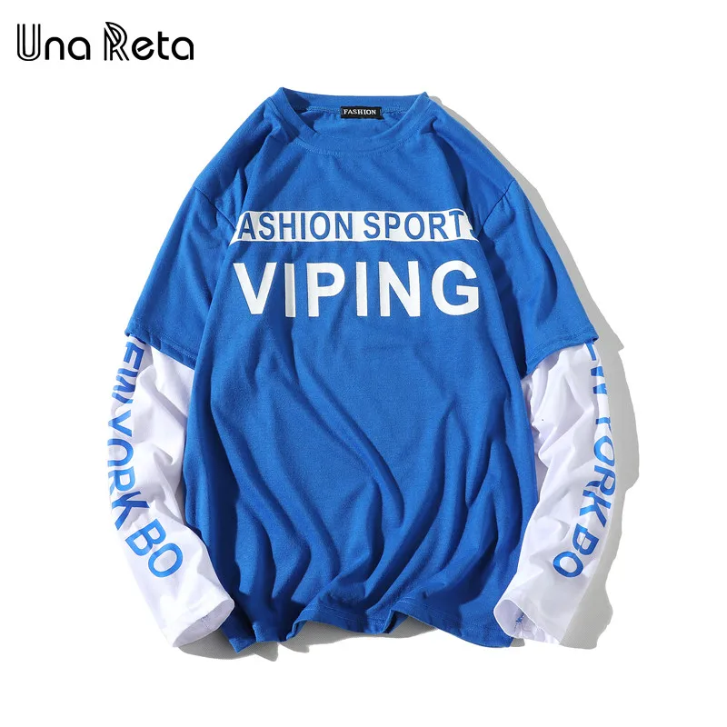 Una Reta T-Shirt Men Spring New Brand Hip-Hop Letter Splicing Tee Top Fake Two Pieces Long Sleeve Streetwear Men T Shirt - Цвет: Синий