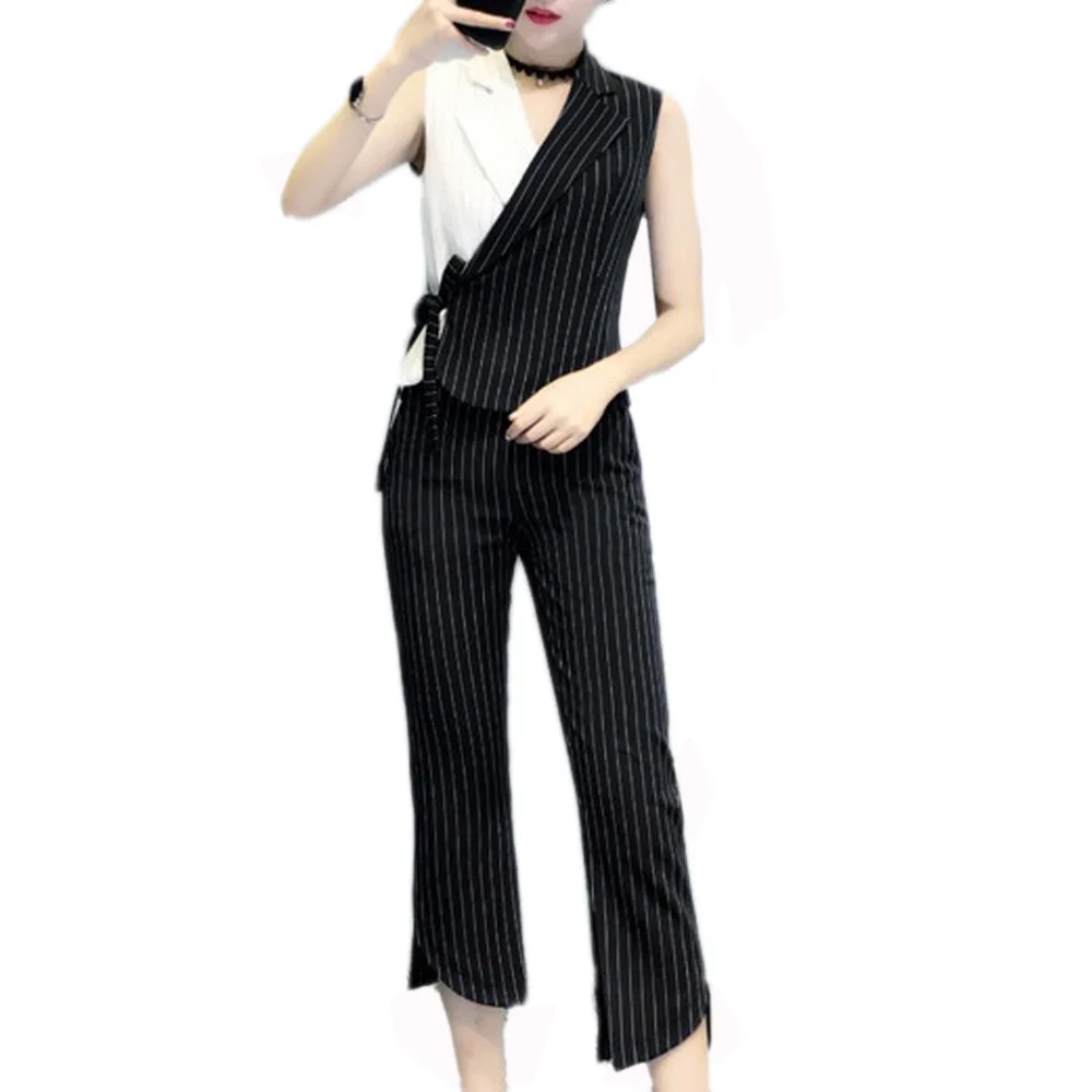 2PCS Women Summer Striped Set Sleeveless Suit Waistcoat + Pants Office