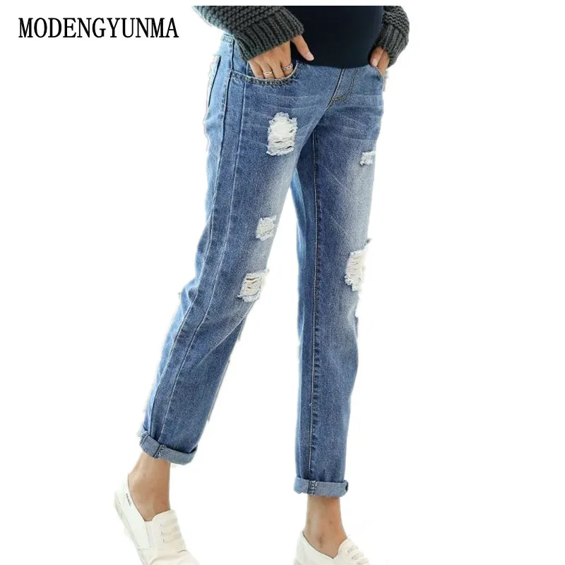 

MODENGYUNMA Maternity Clothing Straight Jeans Pregnant Trousers Ripped Hole Pregnancy Jeans Belly Pants Maternity Overalls NEW