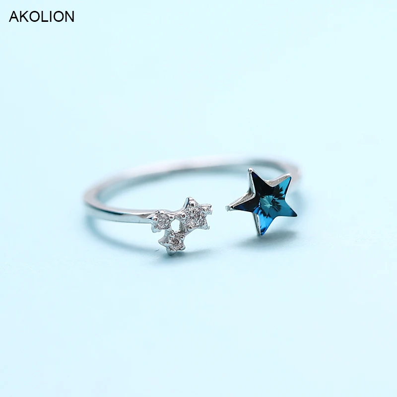 

AKOLION Silver Blue Star Female Finger Rings 925 AAA Blue Zircon Adjustable Size Ring For Women Fashion Jewelry