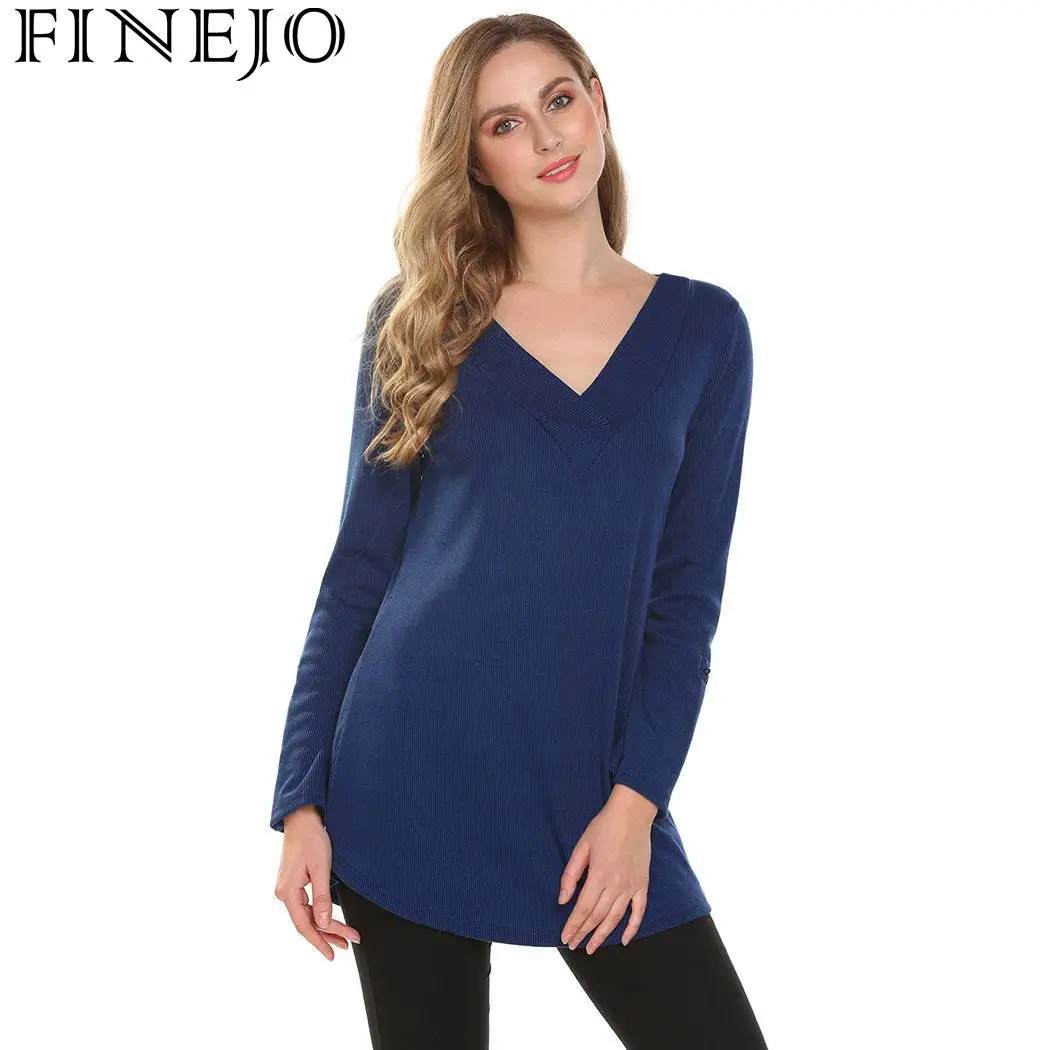 

FINEJO Women T Shirt Fashion Autumn Spring V-Neck Long Sleeve Solid Color Knit Pullover Women's T-Shirts Feminino Tee Tops