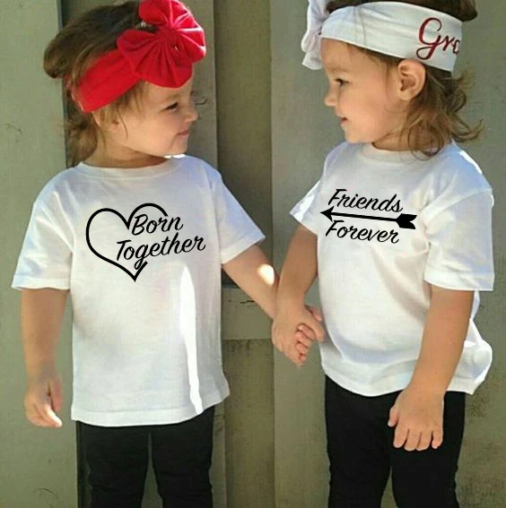 

Born Together & Friends Forever White Kids Tshirt Toddler Short Sleeve T-Shirt Child Tshirts Kids Twins Summer Tops Tees Wear