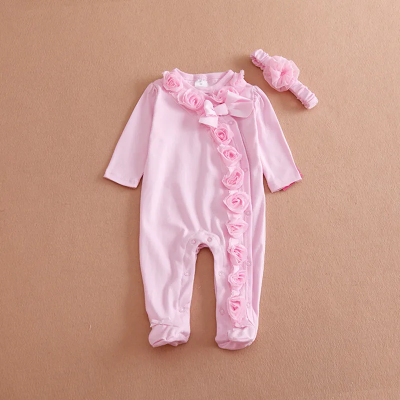 Novorozenec Dívčí oblečení s dlouhým rukávem Princezna Bow / květiny Bodysuits & čelenka Dívky Jumpsuit oblečení Set