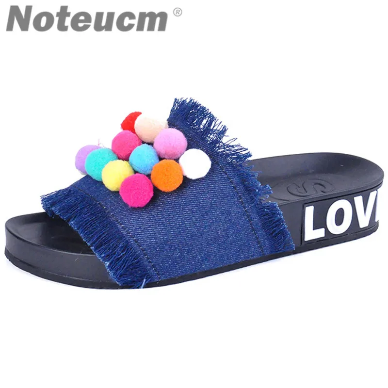 

summer 2018 fashion plain boho slides female Pompom jeans mules denim home shale Bohemia pom pom slipper house sandles for wome