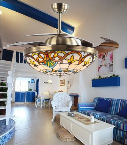 

Creative Tiffany 42 inch invisible ceiling fan light LED decorative loft fan light for Asial indoor lighting