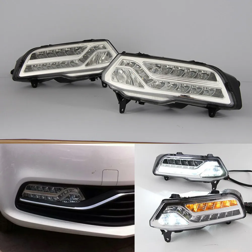 

CSCSNL 1 set 12v LED For Volkswagen VW Polo 2014 2015 Daytime Running Light ABS fog lamp cover with Yellow Turn Signal lights