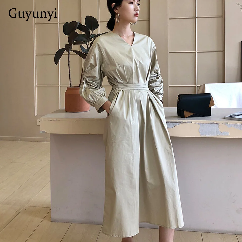 

Plain Color High Street Dress 2019 Autumn V-Neck Cross Pleat Three Quarter Sleeves Fashion Elegant Comfortable Party Dress Women