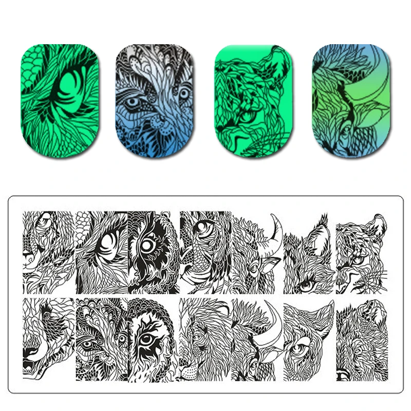 

WAKEFULNESS 1Pcs Rectangle Nail Stamping Plates Tiger Fox Flowers Image Nail Art Stencil Templates Manicure Nail Stamp Tools