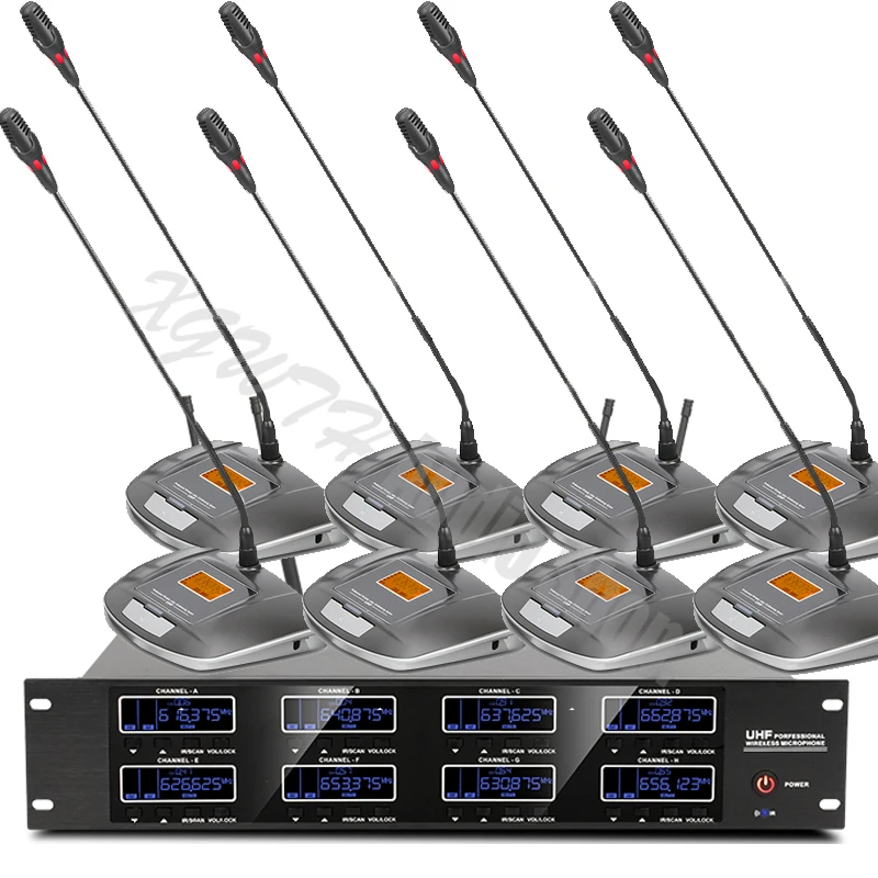 

8x100 Channel Wireless Conference Microphone System 8 Gooseneck Desktop Mic For Meeting UHF Digital Adjustable Frequency