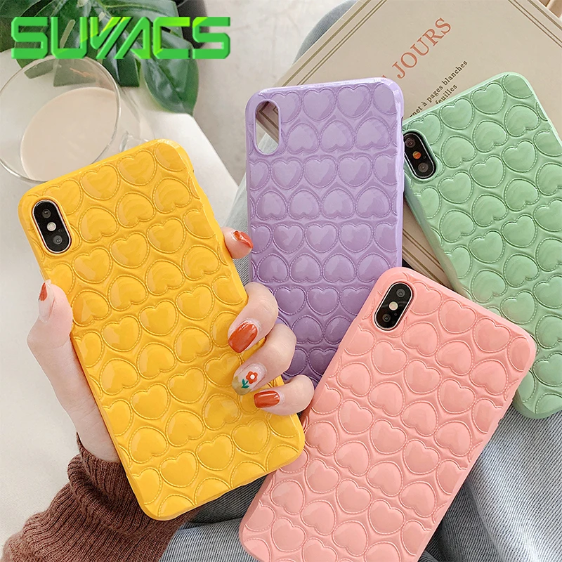 

SUYACS 3D Love Heart Solid Color Phone Cases For iPhone XS Max XR 6 6S 7 8 Plus X Soft TPU Candy Color Back Cover Shell Gifts