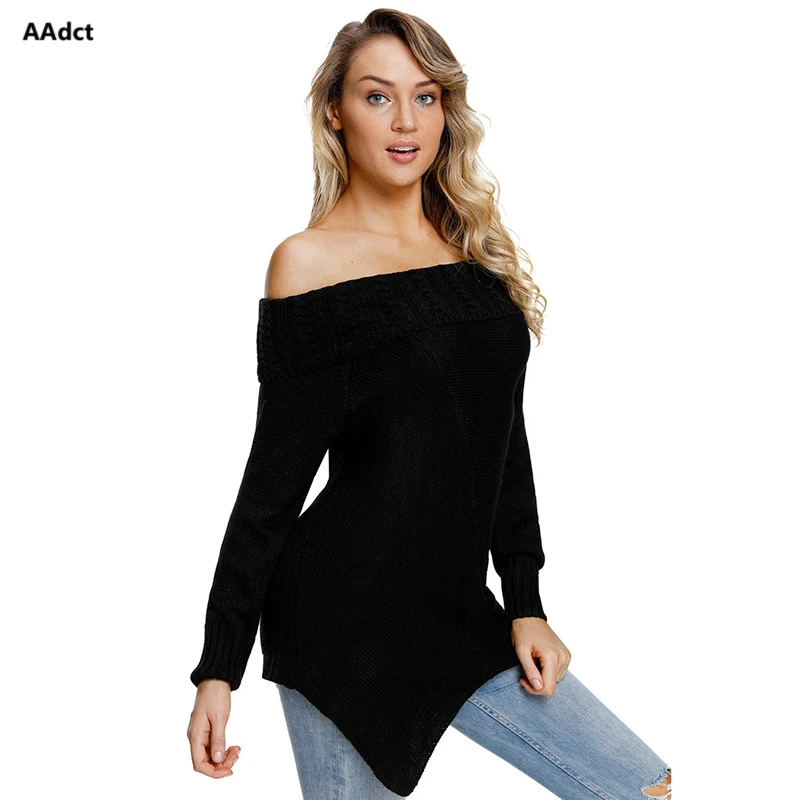 AAdct 2018 New Sweater Women's Fahion Pullover Ribbed Knit Sexy Slash collar Long Sleeve Hem Asymmetrical Design Sweater female Sweaters