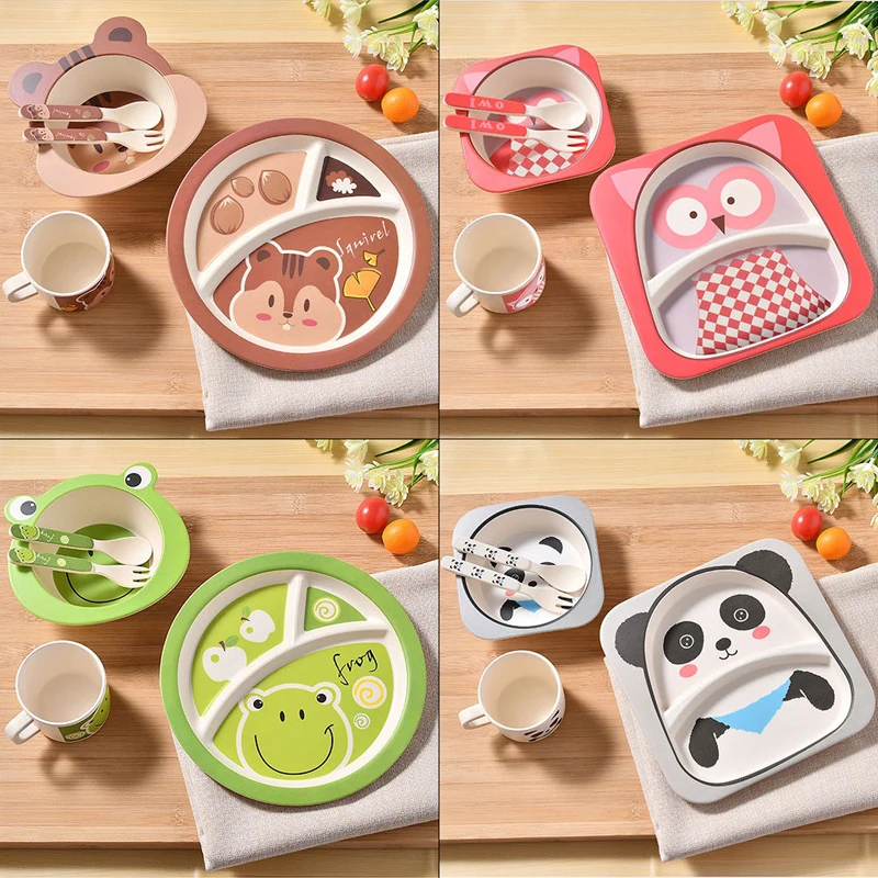5Pcs Cartoon Bamboo Tableware Animal Baby Feeding Food Bowl Infant Kids Plate Eco-friendly Cute Children Baby Eating Food Bowl