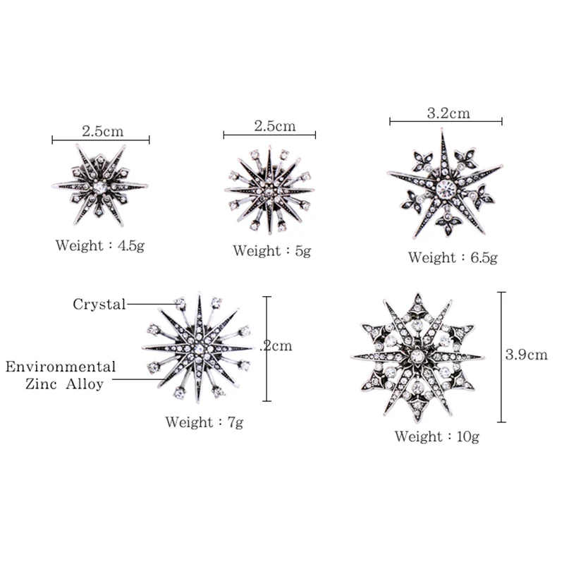 F.I.N.S, 5 шт., античный серебряный значок, броши для женщин, снежинка, звезды, стразы, брошь, набор, очаровательный женский ювелирный аксессуар
