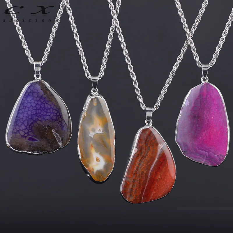 

2019 Factory Four Colors Silver Natural Stone Drusy Crystal Stone Pendant Purple Pink White Gem Pendant Charm Necklace
