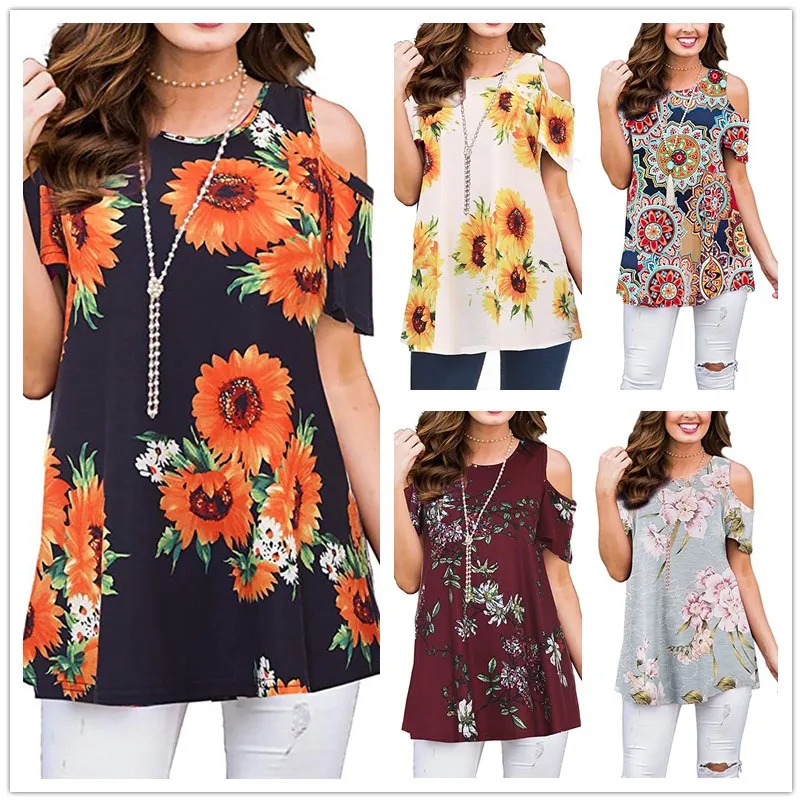 

Sexy Off Shoulder Summer T Shirt Women Floral Print Top Casual O-Neck Batwing Sleeve Sunflower Tee Shirts Plus Size Tops Female