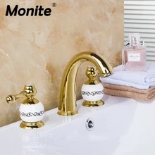 Monite 3 шт. набор ванной золотой позолоченный смеситель для ванной комнаты Набор Европейский раздельный смеситель для раковины Смеситель кран керамический кран корпус 2 ручки