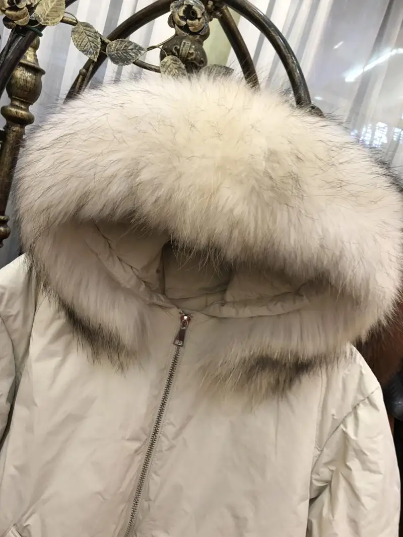 Новинка, корейский стиль женские пуховик женская зимняя куртка puffer parka ткань из натурального меха енота Красный Черный Крем негабаритных