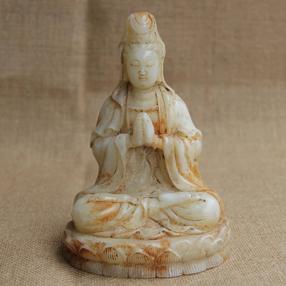 Китайский белый нефрит ручной резной сидя молиться Лотос гуаньин Кван-Инь статуя Бодхисаттвы