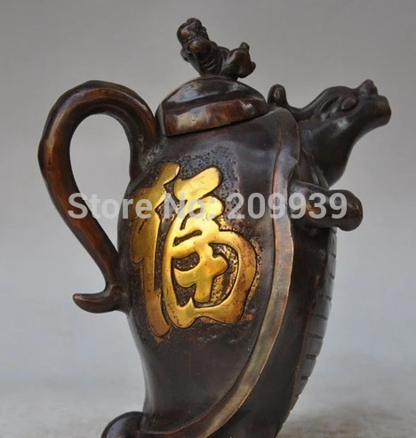 

huij 007562 Marked Chinese Bronze gilt Boy Animal Tortoise Turtle Wine Tea Pot Flagon Statue (A0314)