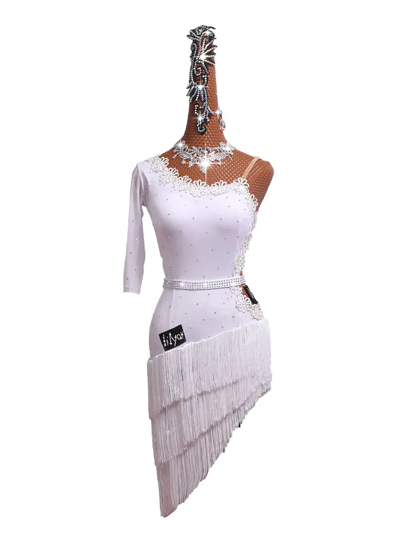 

2019 New Glisten Rhinestones Sexy Latin Dance Dress For Ladies White Embroidery Fringe Dresses Female Women Ballroom Salsa Dress