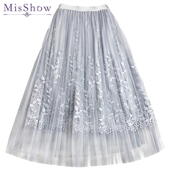 

Tulle Long Pleated Skirt Women 2018 Summer Embroidery A-line tutu Lace mesh Skirt Women midi skirt High Waist skirts Vestidos