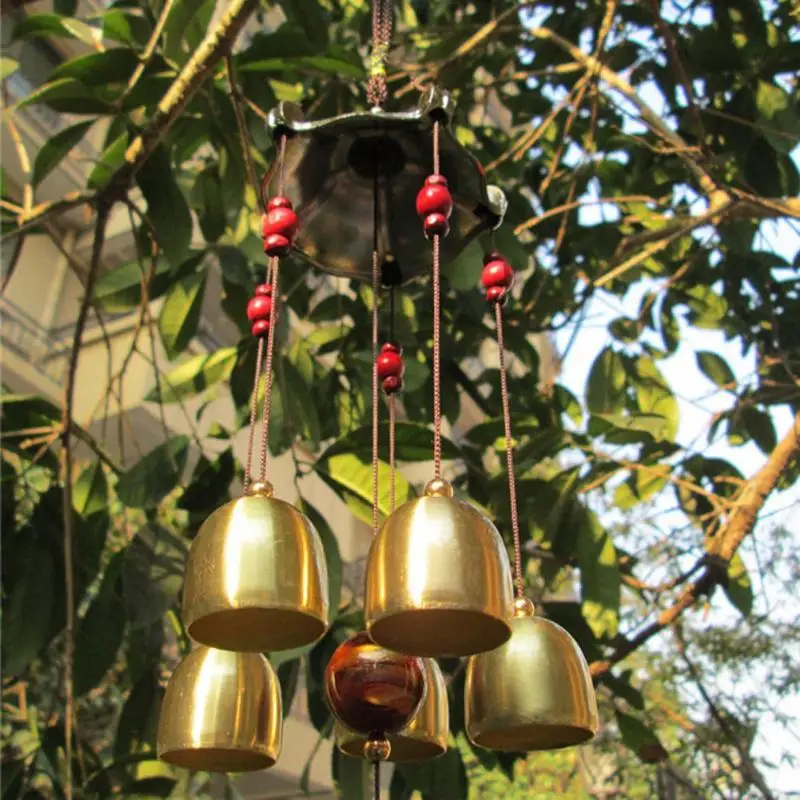 

Copper 5 Bells Wind Chimes Pentagon Pavilion Feng Shui Decorations Windchimes for Outdoor Home Garden Yard Mascot Gifts