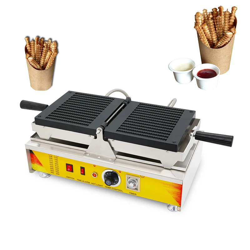 

Electric Long Stick Twist Shape Waffle Machine Street Food Snack Maker Machine Commercial Rotating French Fry Shape Waffle Baker