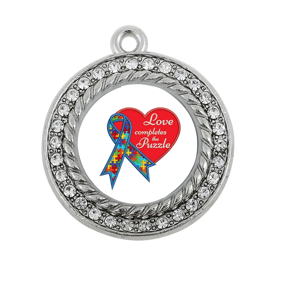 

LOVE COMPLETES THE PUZZLE CIRCLE CHARM ANTIQUE SILVER PLATED CRYSTAL JEWELRY