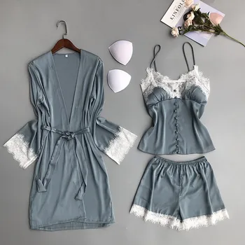 

Women Rayon Sleepwear Lace Trim Sexy Nightwear 3PCS Sleep Set Spring Summer Kimono Bath Gown Casual Pajama Pijama Suit M-XL