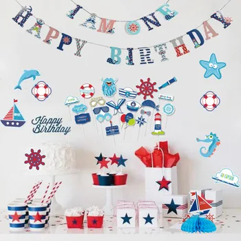 

Ahoy Boy Nautical Sailboat Birthday Party Cupcake Topper Photo Props Happy Birthday Banner Baby Boy Shower 1st Birthday Decor