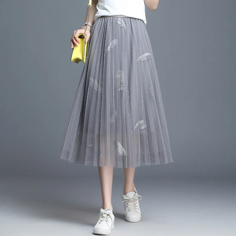 1621 тюлевые женские юбки перо пэчворк с высокой талией трапециевидная юбка женская миди сетчатая юбка черные розовые офисные юбки двойной слой