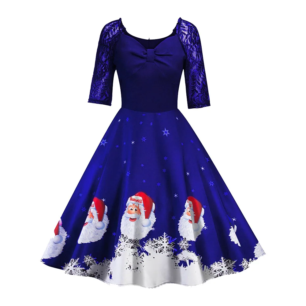 

bodycon dress 90s hot sale lace A-Line print vintage three quarter floor-length V-Neck winter Christmas cartoon