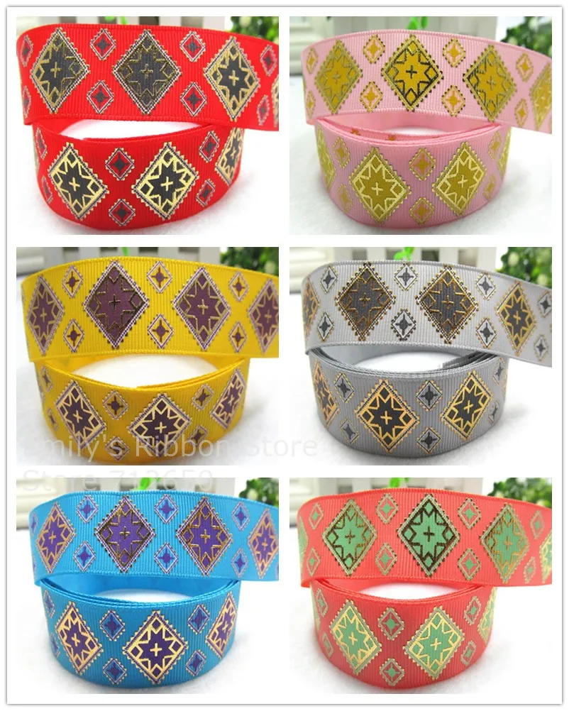 7/8'' 22mm Hot Stamped Gold Color Square Pattern Printed Grosgrain