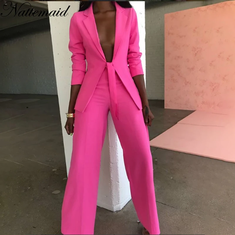 NATTEMAID формальные брюки костюмы для женщин OL 2 шт. наборы сплошной розовый блейзер комплект деловой пиджак и брюки на молнии офисные женские костюмы