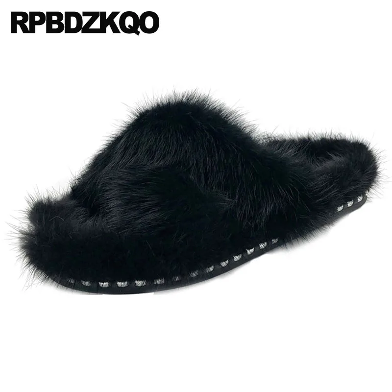 

rivet korean winter 2018 black slip on studded 5 fur fuzzy furry ladies brand designer slippers women shoes fluffy slides plush