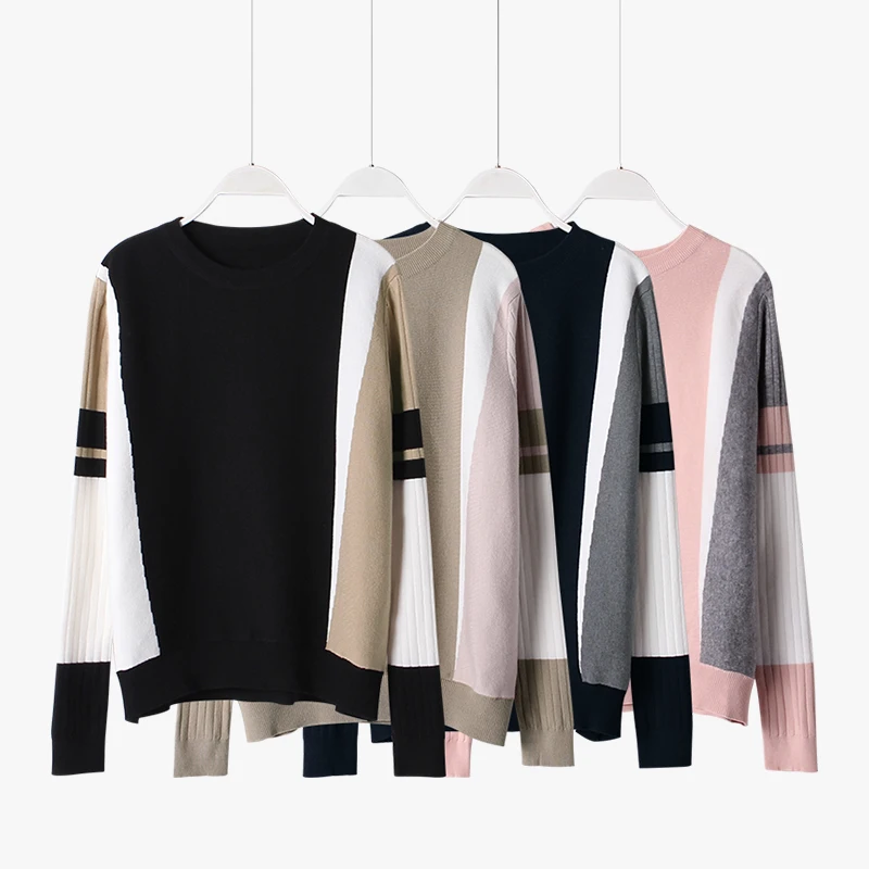 Hot selling Autumn Winter Sweater Women Contrast Color Pullover Jumper Long Sleeve O-Neck Knitted Tops Outwear Pull Femme D301