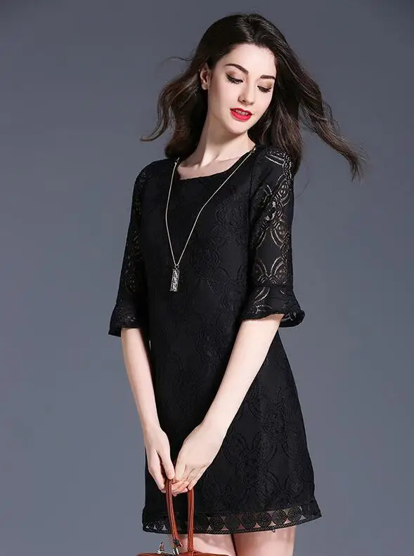 

2017 summer new women's lace dress horn seven-point ride solid color round neck fashion Dresses Hook flowers hollow Female
