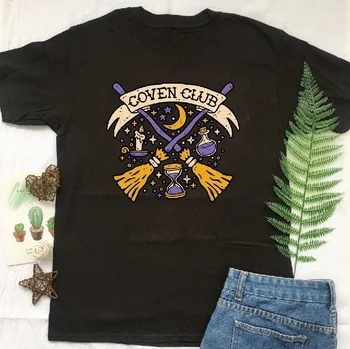 

Kuakuayu HJN Coven Club Pattern Female T-shirt Letters Printed Short Sleeve Witch Wizard T-shirts Summer Holloween Women Tops