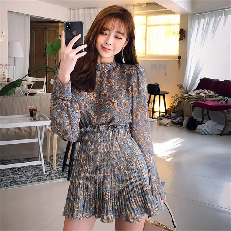 Женские платья Ins Girl Kawaii Ulzzang винтажное плиссированное платье с цветами рубашка