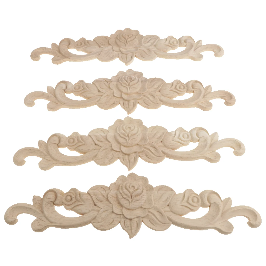 4pcs Retro Unpainted Floral Wood Carved Decal Corner Applique Frame For Home Furniture Wall Cabinet Door Decor