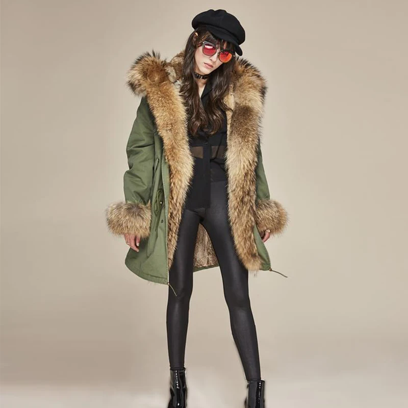 

2019 BFFUR Winter Long Hooded Women Real Fur Parka With Raccoon Fur Natural Fur Coats Rex Rabbit Fur Liner Warm Fashion Overcoat